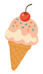 Icecream in waffle cone with cherry on top. Vector isolated illustration