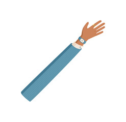 Open hand with open fingers in flat cartoon graphic style. Human arm with wristwatch and symbolic gesture. Colorful and abstract, ideal for creative, social, symbolic concepts.