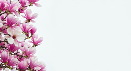 Fototapeta premium Lush pink and white magnolia blossoms form a beautiful decorative springtime floral border against a clean background, symbolizing renewal and freshness ,vibrant ,beautiful ,overhead view