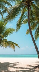 Obraz premium Lush palm trees sway gently against a bright blue sky, framing a beautiful tropical ocean view and white sand beach scene, vibrant, beach, vacation