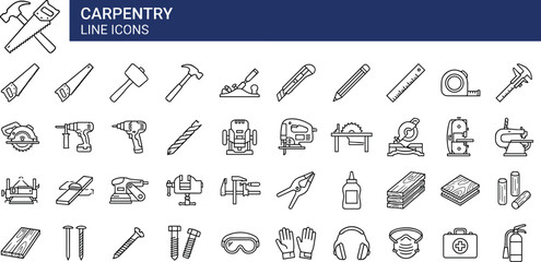 Carpentry line icon set featuring woodworking tools, cutting equipment, safety gear, hardware, and crafting essentials for construction, DIY, workshop, and design projects.