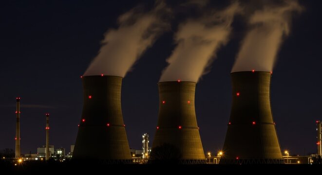 Massive industrial cooling towers silhouetted against a dark, nocturnal sky, emitting thick plumes of steam illuminated by security lights ,silhouette ,smoke ,facility