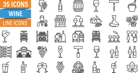 Collection of elegant wine line icons featuring bottles, glasses, grapes, barrels, wineries, and tasting elements for culinary, hospitality, and vineyard design projects.