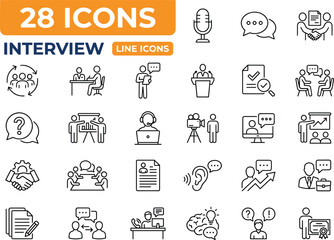 Professional interview line icons featuring communication, teamwork, recruitment, presentations, and evaluation symbols, ideal for business, HR, corporate training, and workflow design projects.