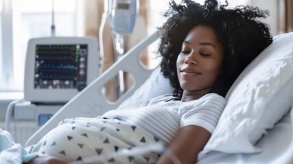 Beautiful pregnant black woman lying in a modern hospital ward. She is smiling peacefully while getting ready to give birth in a clinic