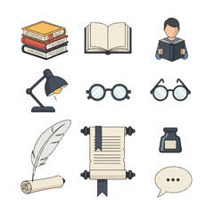 Collection of reading and writing related icons including books glasses quill and ink.