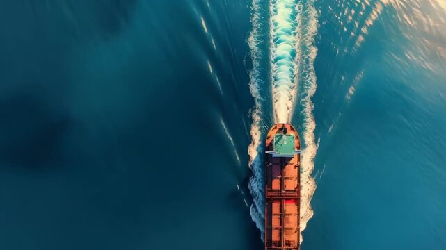 Aerial top down view of a large cargo ship sailing on the open sea. The commercial vessel is transporting goods across the ocean at sunset