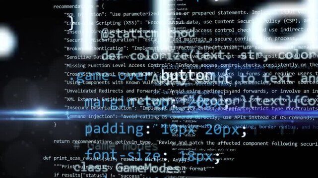 Perfect writing coding animation of software developing information in 3d space with camera movement and glowing light
