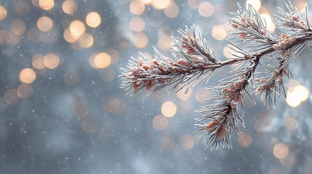 Frozen pine branch with warm bokeh lights creating a festive winter backdrop - Powered by Adobe