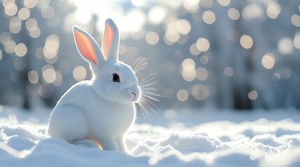 A white rabbit sits in the snow with soft bokeh lights in the background