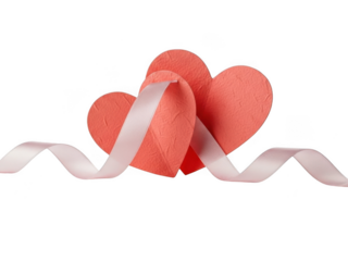 Two textured coral pink hearts intertwined with a delicate white satin ribbon, isolated on transparent background