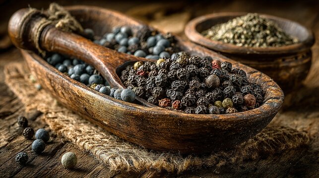 Black peppercorns in a wooden bowl with a wooden spoon on burlap. - Powered by Adobe