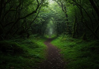 Fototapeta premium A secluded forest path covered in lush moss, evoking profound tranquility and deep isolation amidst dense emerald foliage ,peaceful ,leaves ,wilderness
