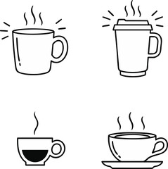 Obraz premium Collection of simple line art icons depicting hot beverages in cups, including a mug, a travel cup, and a demitasse