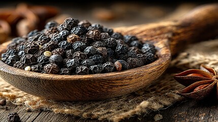 Black peppercorns in a wooden spoon on burlap close up shot.