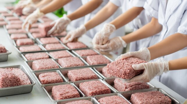 Workers in protective gloves portioning raw ground meat in metal trays on food production line. Industrial processing, hygiene control and organized meat preparation in factory environment - Powered by Adobe