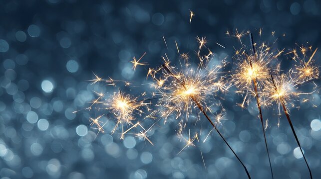 Brightly burning sparklers illuminate a festive blue bokeh background for celebration - Powered by Adobe