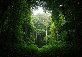 Obraz premium Lush, dense rainforest canopy creating a cool, dark shade beneath vibrant green foliage, filtering bright, hot sunlight, vegetation, forest, growth