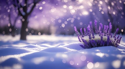 Lavender bush in snow with bokeh lights in background