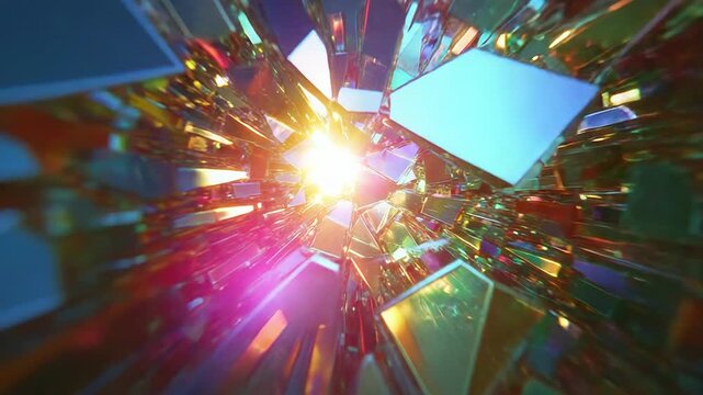 Abstract glowing light reflecting in broken crystal tunnel