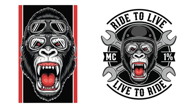 A fierce gorilla wearing a motorcycle helmet and goggles, with the text 'RIDE TO LIVE, LIVE TO RIDE' and crossed wrenches, representing a motorcycle club culture.