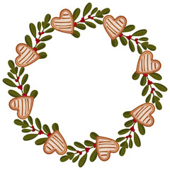 Vector illustration of a festive Christmas wreath made of heart-shaped gingerbread cookies, green leaves and red berries