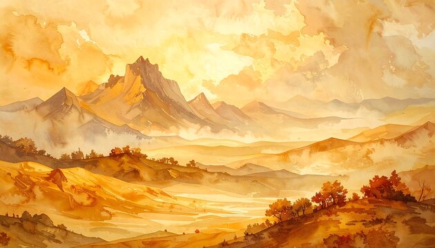 Vibrant watercolor painting of a vast mountain landscape at sunrise, bathed in golden and orange hues, depicting a serene natural vista. - Powered by Adobe