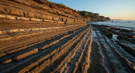 Detailed view of ancient geological strata revealed at the coast, illustrating the powerful erosion forces shaping the shoreline over millennia ,cross-section ,tide ,intertidal
