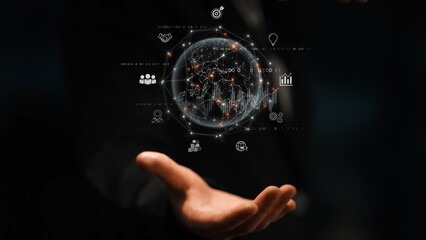 Global business network connecting digital economy and data exchange. Global business expands market, business shares data, global drives finance, and global business supports insight. Marrow