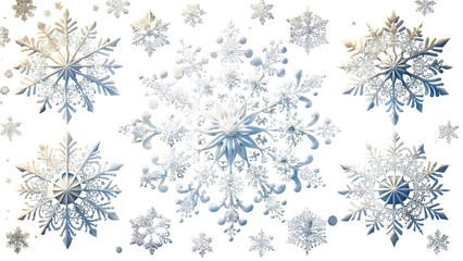 Collection of intricately detailed white and icy blue snowflakes scattered across a stark for winter
