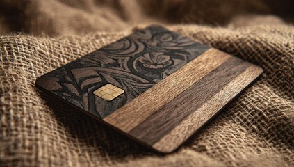 A sophisticated wooden credit card with an abstract dark inlay rests on a burlap surface.  The card features a chip and a multi-toned wood design