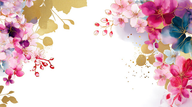 華やかな和風の花柄フレーム背景素材。上品な和モダンテイストで高級感のある花と金の装飾が美しいデザイン。招待状やメッセージカード、動画のフレームにも最適な華やか背景素材。