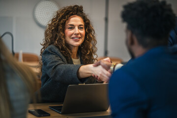Businesswoman shaking hands with client making agreement
