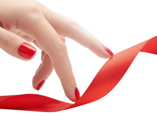 Elegant female hand with bright red manicured nails delicately touching a flowing satin red ribbon isolated on transparent background
