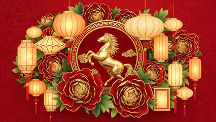 Fototapeta premium A vibrant Chinese New Year decoration featuring a golden horse, red peonies, and traditional lanterns against a red background.