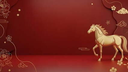 A golden horse figurine stands against a red background adorned with floral patterns and clouds, symbolizing prosperity for Chinese New Year.
