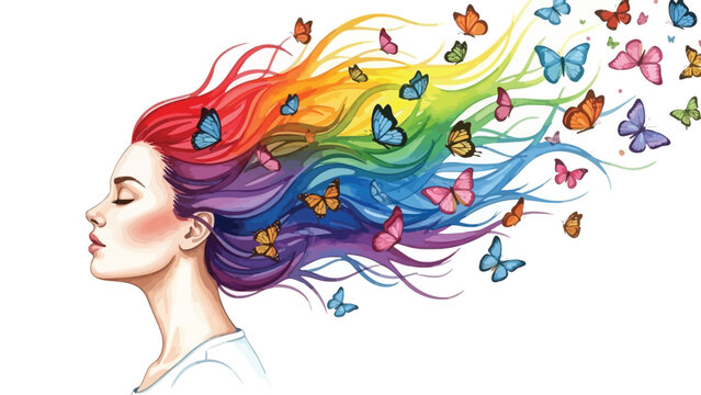 A woman's colorful hair flows like a rainbow, with butterflies fluttering around her head, symbolizing freedom and imagination.