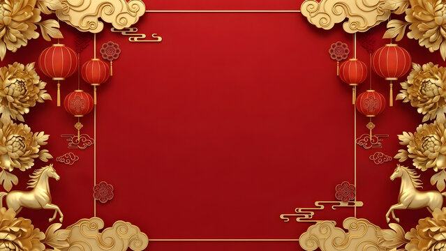 A festive Chinese New Year background featuring red and gold colors. Decorative lanterns, floral elements, and golden horse motifs create a celebratory atmosphere. - Powered by Adobe
