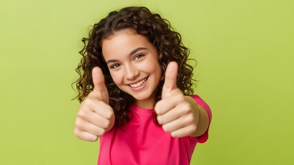 Fototapeta premium A young Hispanic girl with curly hair smiles and gives a thumbs up gesture. She wears a pink shirt against a green background.