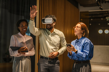 Diverse business team exploring virtual reality v r glasses technology