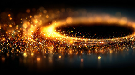 swirling circle of glowing golden particles against a dark background.