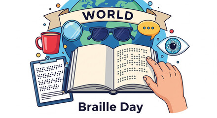 World braille day celebration concept with open book in braille, magnifying glass, sunglasses, eye, and educational tools representing visual impairment awareness and accessibility