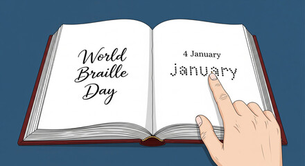 World braille day celebration concept with open book showing text and a finger touching the page, commemorating the importance of braille for the visually impaired community on january 4th
