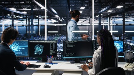 Data center manager checking work done by admins using deep learning to analyze datasets. Server hub supervisor overseeing IT specialists using AI neural networks to recognize data patterns, camera A