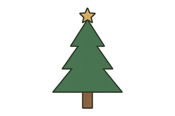 Fototapeta premium Christmas tree icon featuring simple green branches and a brown trunk, topped with a yellow star on a transparent background