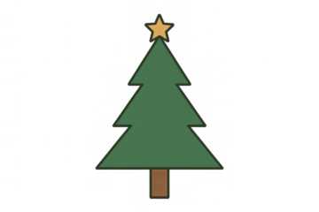 Christmas tree icon featuring simple green branches and a brown trunk, topped with a yellow star on a transparent background