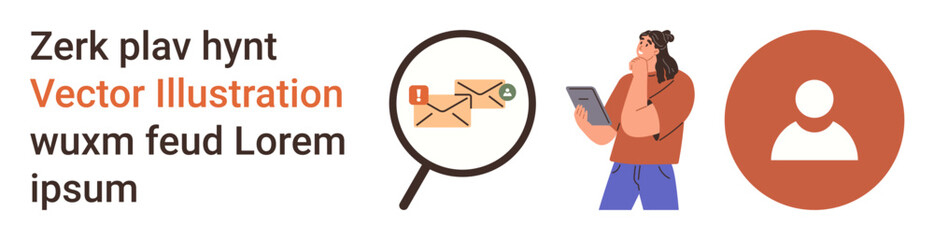 Digital communication, email security, business correspondence, user identification, online messaging, network privacy. Magnifying glass over an envelope, person holding a tablet, profile icon