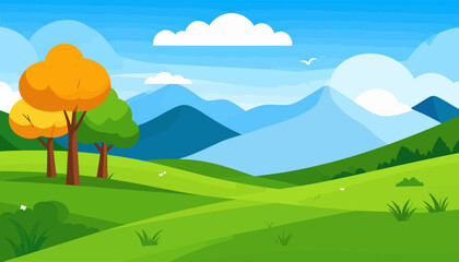Obraz premium Vibrant cartoon landscape illustration featuring green rolling hills, distant blue mountains, and colorful trees under a clear blue sky.