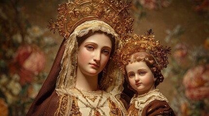 Hyper-Realistic Statue of Our Lady of Mount Carmel Virgen del Carmen and Baby Jesus in Golden Crowns 