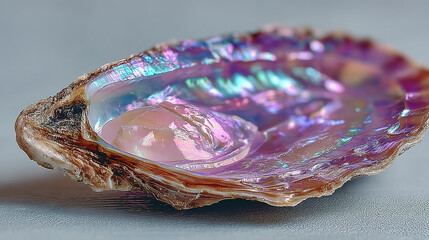 Close-up of an iridescent oyster shell with a pearl inside.